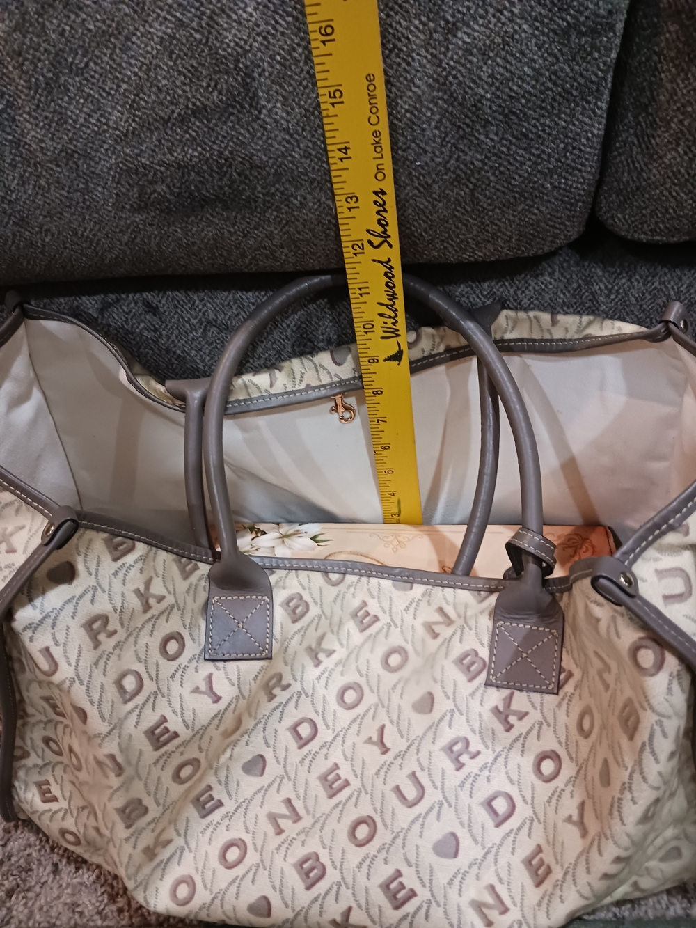 Beige Patterned Tote Bag with Gray Trim